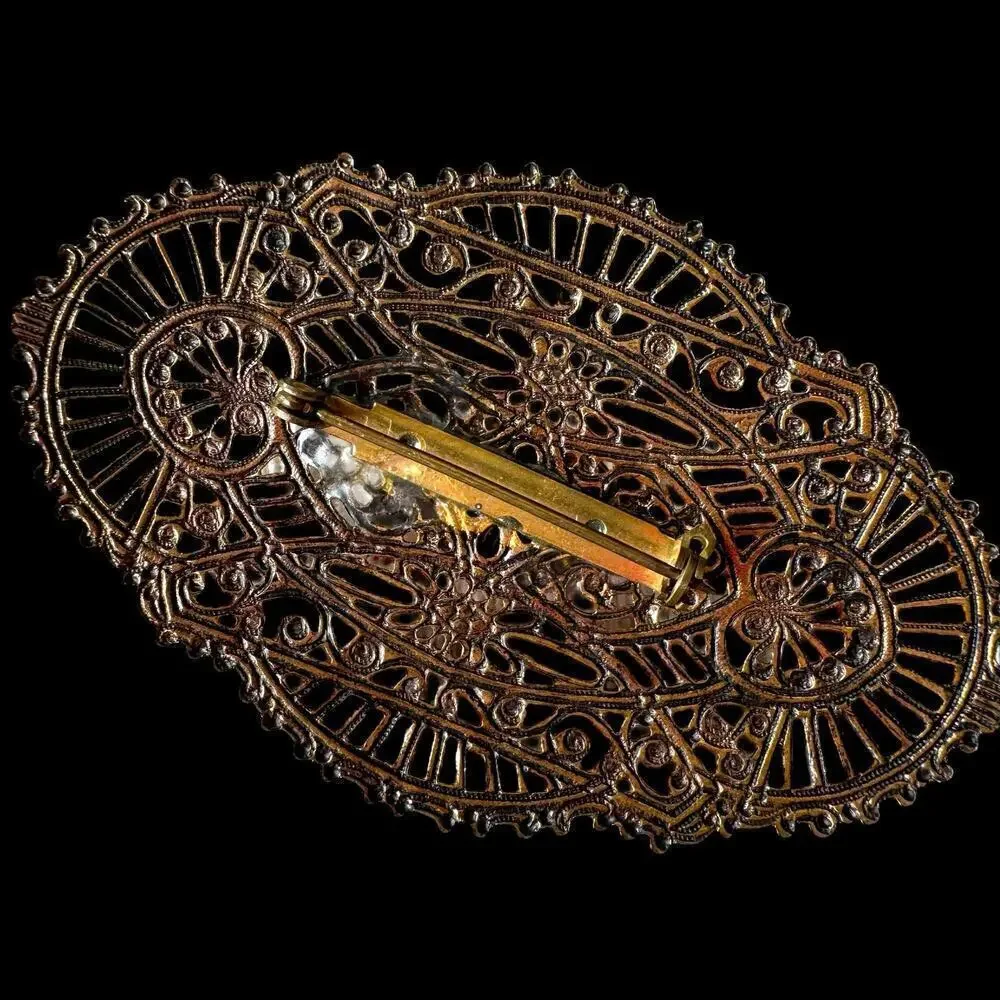 Vintage Large Filigree Faux Citrine Brooch Repaired Clasp 1930’s Art Deco